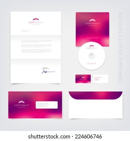 Vector business stationary design template with modern building logo and purple blurry unfocused bokeh background. Letter, envelope, cd and business cards. Modern branding collection.