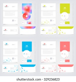 Vector business stationary design templates collection with flying pelican silhouette logo and paint splatter. Letter, envelope, cd and business cards. Modern branding set.
