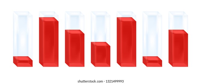 Vector business, statistical or economic infographic illustration of histogram. Seven glass columns with red liquid characterizing percentage increase or decrease. Icon is isolated on white background