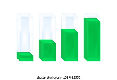 Vector business or statistical infographic illustration of histogram. Glass columns with green liquid characterizing percentage increase. Icon is isolated on a white background.
