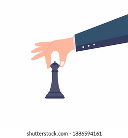 Vector business strategy concept in flat style. Male hand holding a chess figure isolated on white background. Management and achievements. Cartoon character icons. Flat vector illustration