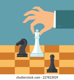 Vector business strategy concept in flat style - male hand holding chess figure - planning and management