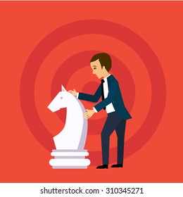 Vector business strategy concept in flat style,  businessman holding chess figure, planning and management