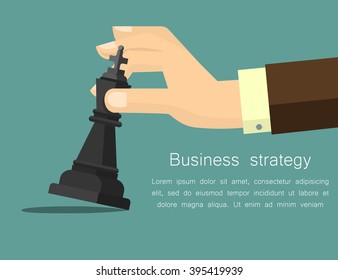 Vector business strategy concept in flat style, male hand holding chess figure - planning and management