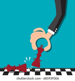 Vector business strategy concept in flat style - male hand holding chess figure .Business strategy planning and management - vector illustration