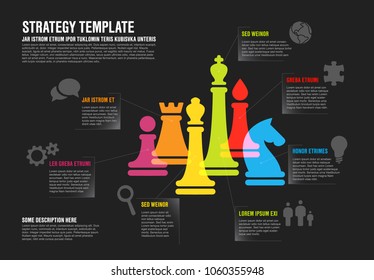 Vector business strategy infographic template with colorful chess figures - dark version