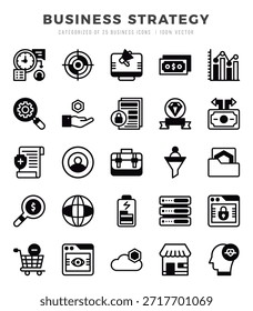 Vector Icono de tipos de estrategia de negocio establecido en estilo Lineal relleno. Ilustración vectorial.