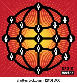 Vector : Business Structure, Teamwork or MLM Concept Present By The Businessman Connected on The Global Network in Red Glossy Style Background