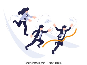 Vector Business Success Concept. Entrepreneur business man leader. Businessman and his business team crossing finish line and tearing orange ribbon finishing race. Flat design concept.