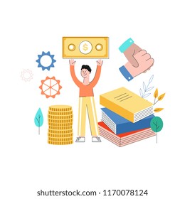 Vector business success concept with man with dollar banknote standing near big books pile on the background of abstract florals, gear and huge gold coins column, hands handshaking. Flat illustration
