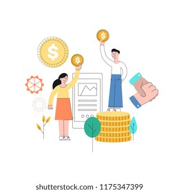Vector business success concept with man and woman with golden coin standing at big coins pile, column on the background of abstract florals, gear and smartphone screen with graph. Flat illustration