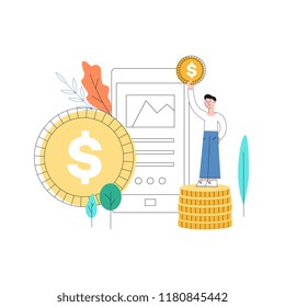 Vector business success concept with man with golden coin standing at big coins column pile on the background of smartphone screen with graph, abstract florals and huge gold coin. Flat illustration