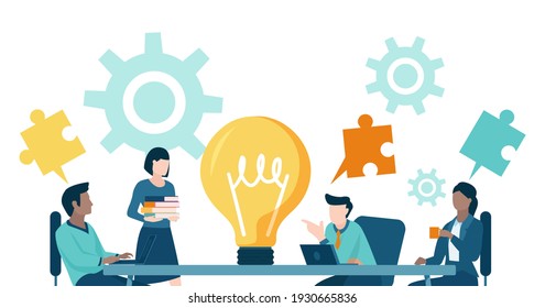 Vector Of A Business Team Brainstorming New Idea Sitting At Office Table 