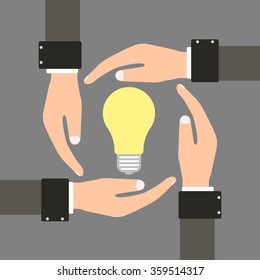 vector of business team of four hands came together to create business ideas in the form of light bulbs on a gray background