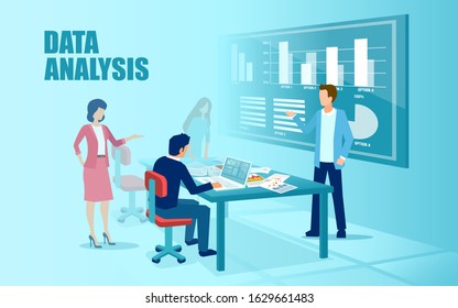 Vector of a business team managing new financial project and analyzing data in office 