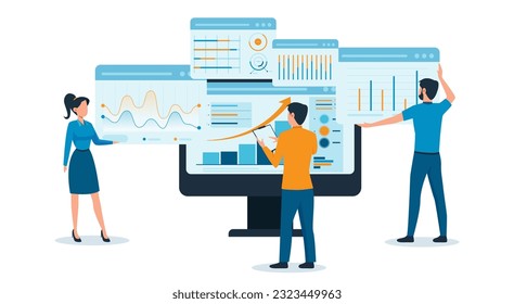 Vektorgrafik eines Geschäftsteams zur Überwachung von Web-Finanzberichten