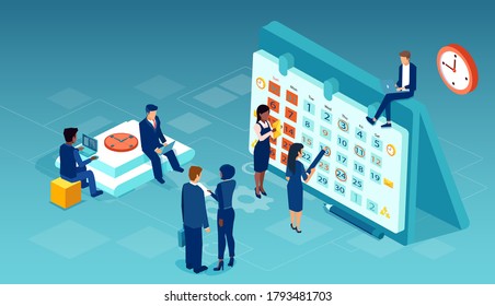 Vector of a business team working together scheduling operations agenda making employee assignments on calendar. 