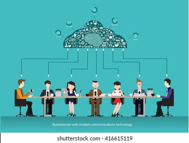 Vector business teams communications and connections business icons. Concept of the co working center. Business meeting. People talking and working at the computers. Flat design style.
