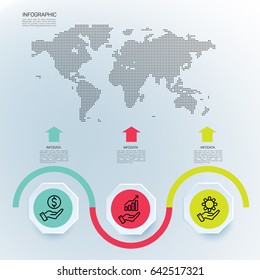 Vector business template with 3 steps infographic. Inforgraphics timeline template. World map with graphic elements