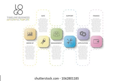 Vector business template with 6 section info, steps, options or processes. Can be used for timeline, workflow, research, strategy.