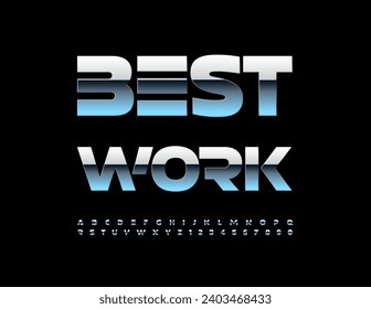 Vector business template Best Work. Futuristic style Font. Reflective Silver Alphabet Letters and Numbers