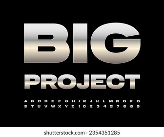 Vector business template Big Project. Bold Steel Font. Chrome Alphabet Letters and Numbers set