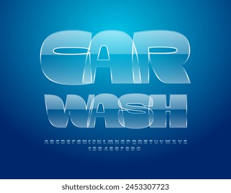 Vector business template Car Wash with glass Alphabet Letters and Numbers set. Bold transparent Font.