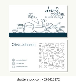 Vector business template with cute hand drawn kitchen utensils illustrations. Cooking studio, restaurant or cafe branding elements. Flyer design. Personal card template. Vector hand drawn background.