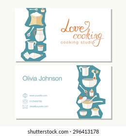 Vector business template with cute hand drawn kitchen utensils illustrations. Cooking studio, restaurant or cafe branding elements. Flyer design. Personal card template. Vector hand drawn background.