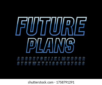 Plantilla de negocio de vectores Planes futuros con fuente metálica azul. Letras y números alfabéticos reflexivos