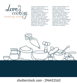 Vector business template with hand drawn kitchen utensils illustrations. Cooking studio, restaurant or cafe branding elements. Flyer design. Menu or magazine template. Vector hand drawn background.