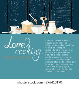 Vector business template with hand drawn kitchen utensils illustrations. Cooking studio, restaurant or cafe branding elements. Flyer design. Menu or magazine template. Vector hand drawn background.