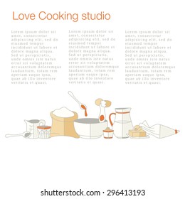 Vector business template with hand drawn kitchen utensils illustrations. Cooking studio, restaurant or cafe branding elements. Flyer design. Menu or magazine template. Hand drawn background.