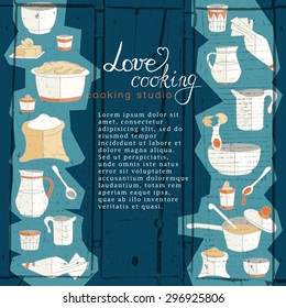 Vector business template with hand drawn kitchen utensils illustrations. Cooking studio, restaurant or cafe branding elements. Flyer design. Menu or magazine template. Vector hand drawn background.