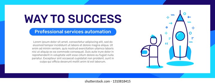Vector business template with illustration of man with helmet and rocket. Business startup and cosmic travel concept with text. Line art style design for web, site, banner, presentation