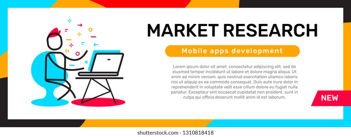 Vector business template with illustration of man with laptop in the workplace. Office workspace concept with text. Line art style design for web, site, banner, presentation