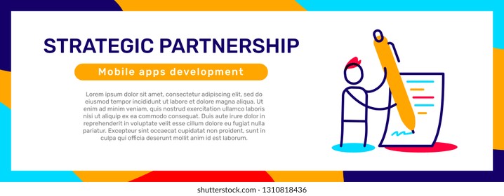 Vector business template with illustration of a man signs a contract with a big pen. Conclusion of a partnership creative concept with text. Line art style design for web, site, banner, presentation