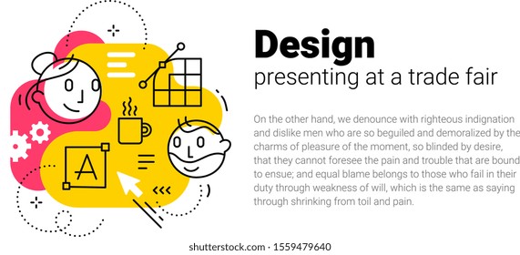 Vector business template with illustration of man and woman head with icon on white background with text. Flat line art style creative design for web, site, banner, presentation