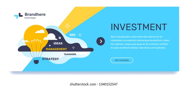 Vector business template with illustration on blue background. Investment concept with text, flying air balloon in the form of light bulb with cloud, tag word. Flat style design for web, site, banner