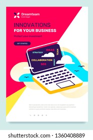 Vector business template with illustration on color background. Innovation concept with text, open laptop with cloud, text. Flat style design for web, site, banner, poster