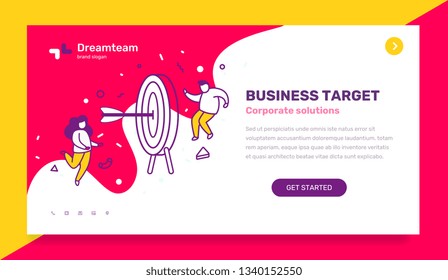 Vector business template with illustration of people with big target with arrow in the center. Startup research concept with text on blue background. Line art style design for web, site, banner, print