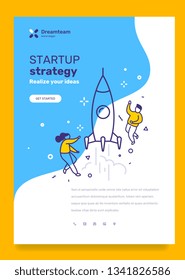 Vector business template with illustration of people with space rocket launch. Startup research concept with text on blue background. Line art style design for web, site, banner, mobile development