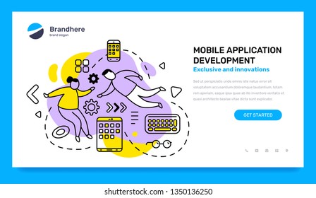 Vector business template with illustration of people with gadget adn device on color background. Mobile application development concept with text. Line art style design for web, site, banner