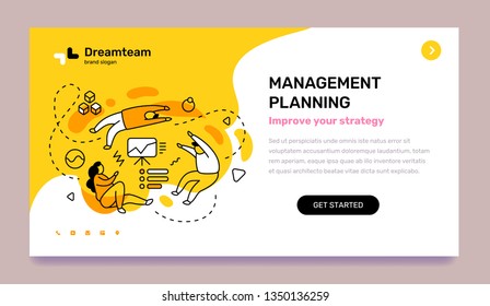 Vector business template with illustration of people with marker board on yellow background. Management planning concept with text. Line art style design for web, site, banner