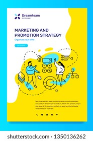 Vector business template with illustration of people with chart and graph on yellow background. Marketing and promotion strategy concept with text. Line art style design for web, site, poster