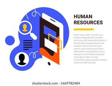 Vector business template with isometric mobile phone illustration with magnifier and word human resources on white background. Flat style creative design with text space for web, site, banner