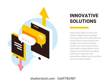 Vector business template with isometric mobile gadget illustration with speech bubble and arrow on white background. Flat style creative design with text space for web, site, banner