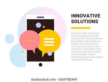 Vector business template with mobile phone illustration with speech bubble and word innovative solutions on white background. Flat style creative design with text space for web, site, banner