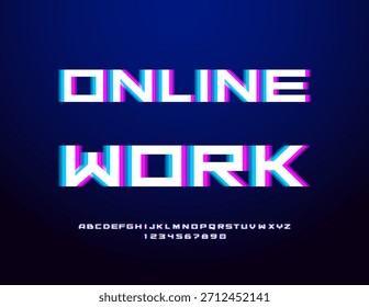 Vector Plantilla de negocios Trabajo en línea. Font estilo Techno. Conjunto de letras y números de alfabeto cibernético brillante
