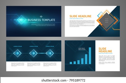 Vector Business Template Set. Blue Abstract Banner, Presentation Slides With Infographics, Chart Layout. Corporate Annual Report, Advertising, Marketing Background. Brochure, Flyer Leaflet Cover.